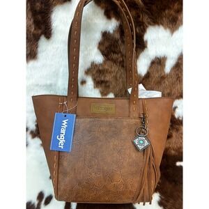 Wrangler Western Concealed Carry Tote Bag Brown Tooled Floral Faux Leather